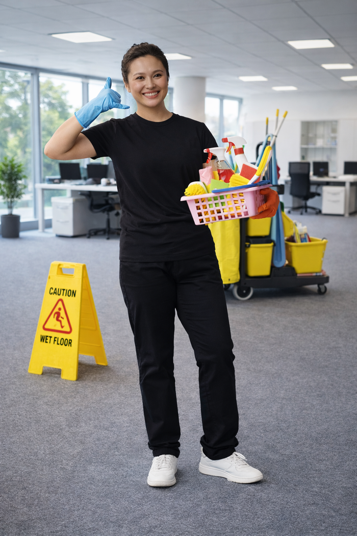 Smiling person in black holds cleaning basket in office thumbs up near wet floor sign