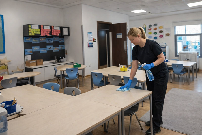 Woman in blue gloves cleans table in tidy classroom with blue chairs and educational posters.