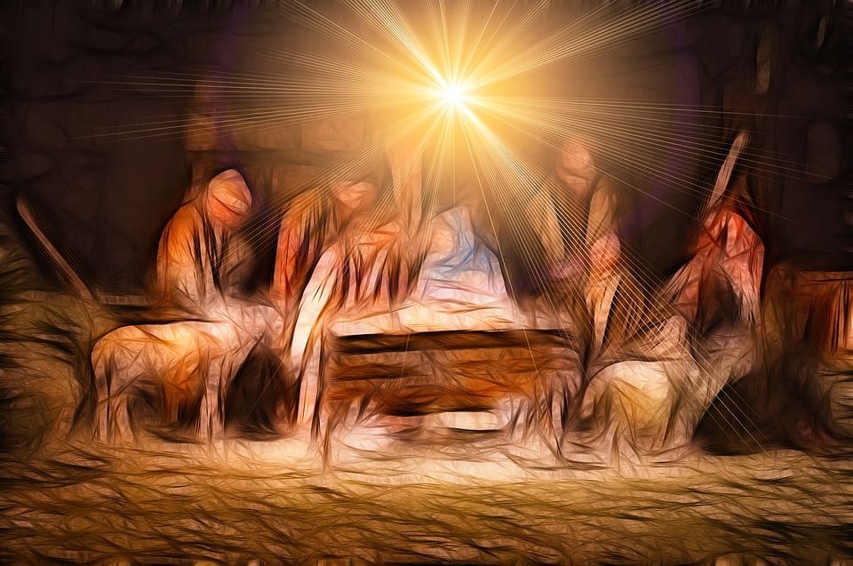 A painting of a nativity scene with jesus in a manger surrounded by people and animals.
