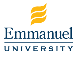 A blue and yellow logo for emmanuel university