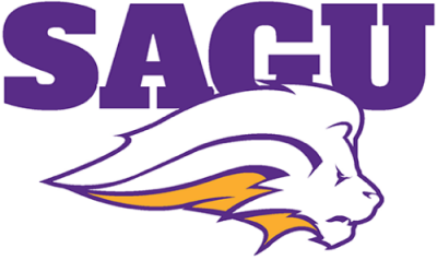 A purple and white logo with a lion 's head and the word sacu.
