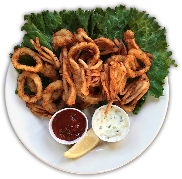 Fried calamari on a bed of lettuce, with marinara and tartar sauce, lemon wedge on a white plate.