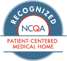 NCQA Recognized Patient-Centered Medical Home badge in blue, teal, and red on white background