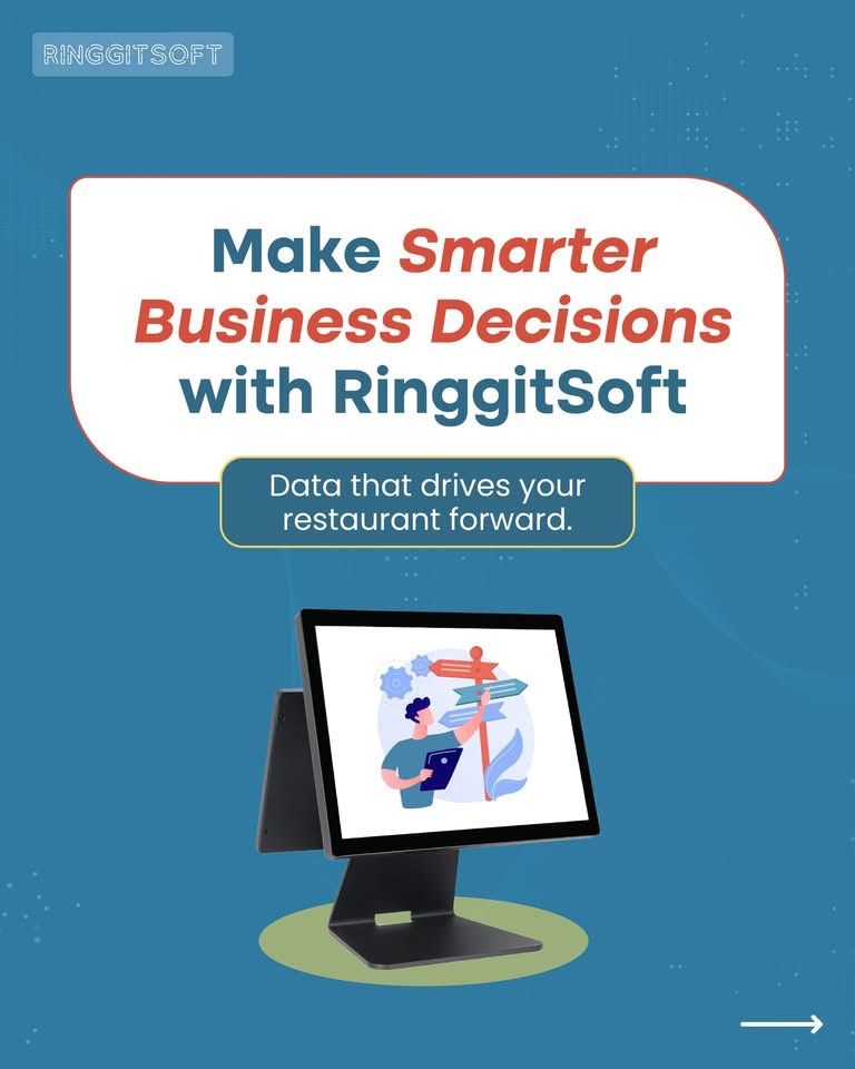 RinggitSoft's PoS system, blue background. Text: