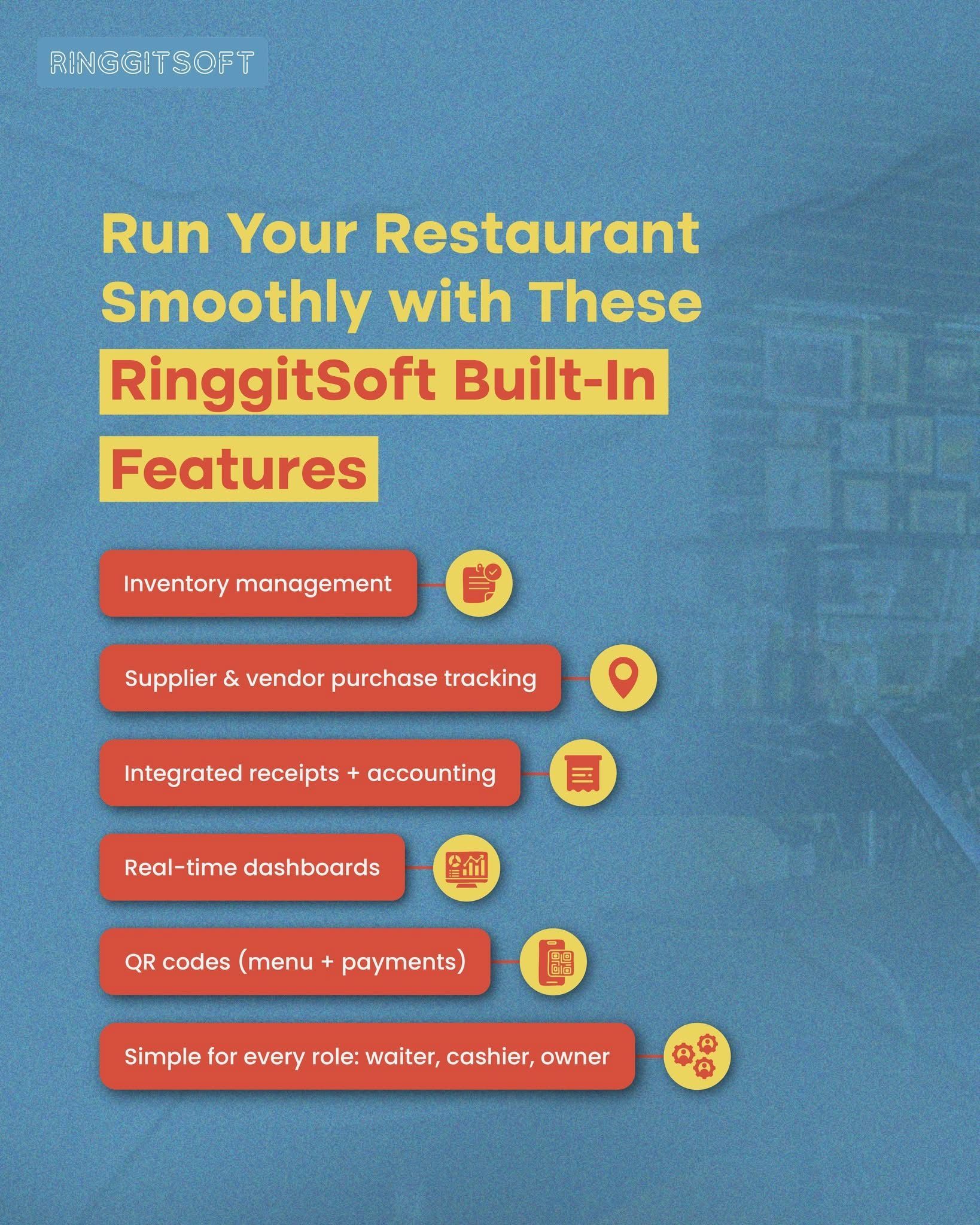 RinggitSoft restaurant features: inventory, location, customer management, payment, and employee management.