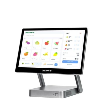 A touchscreen point-of-sale (POS) system with a user interface displaying colorful icons. The device is silver.
