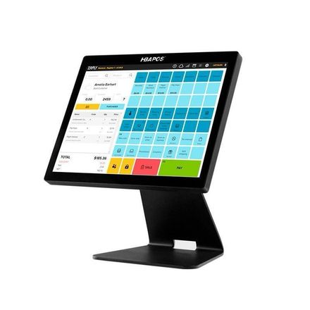 Black point-of-sale (POS) touchscreen monitor on a stand. The screen displays a grid layout of menu items.