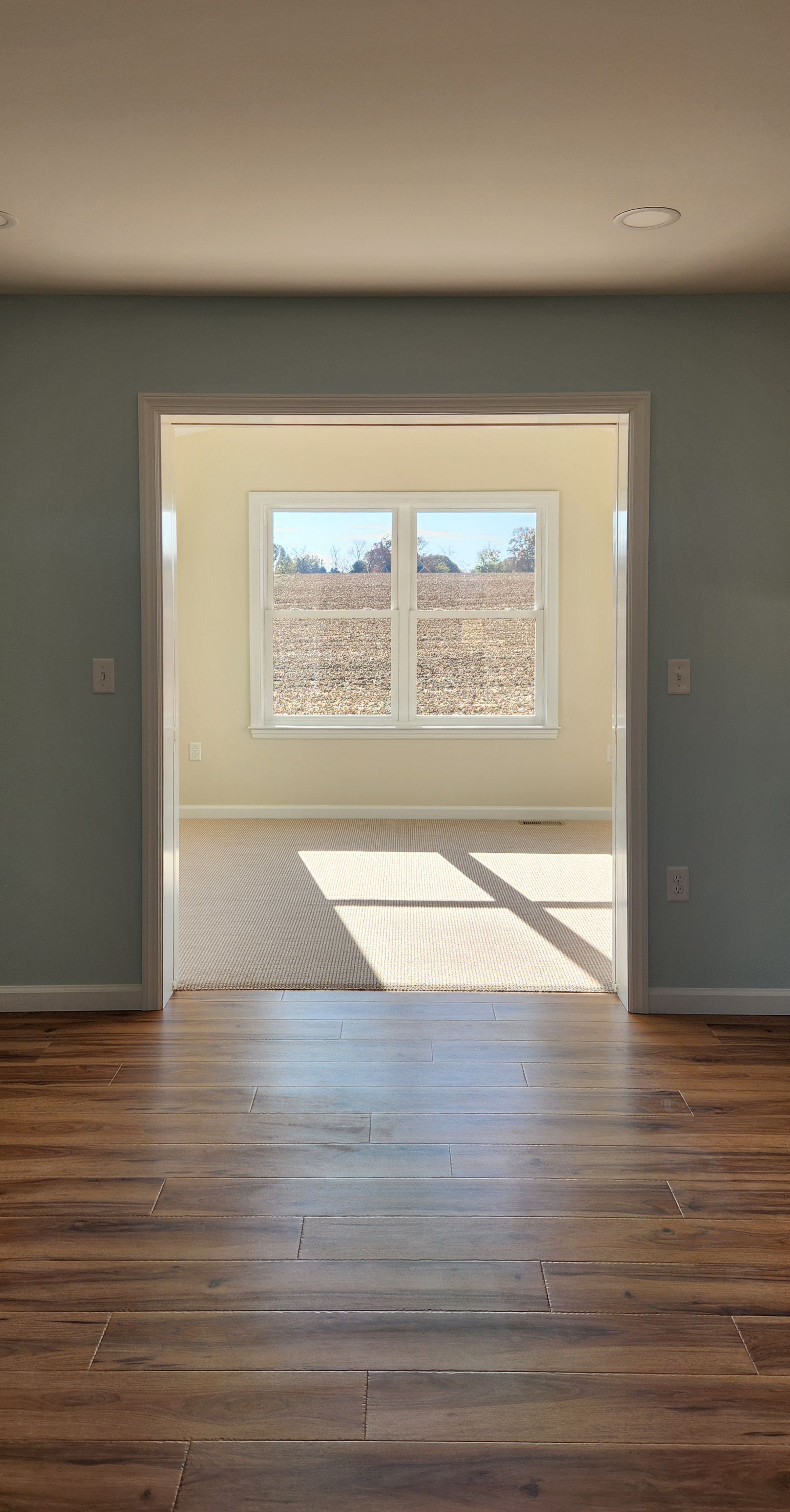 An empty room with hardwood floors and two windows.