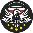 Logo: eagle with wings, paint bucket, banner "GOLDEN BRUSHES", stars on black background.