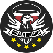 Logo: eagle with wings, paint bucket, banner "GOLDEN BRUSHES", stars on black background.