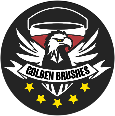 Logo: eagle with wings, paint bucket, banner "GOLDEN BRUSHES", stars on black background.