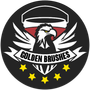 Logo: eagle with wings, paint bucket, banner "GOLDEN BRUSHES", stars on black background.