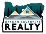 An oregon adventure realty logo with a house on top of a mountain