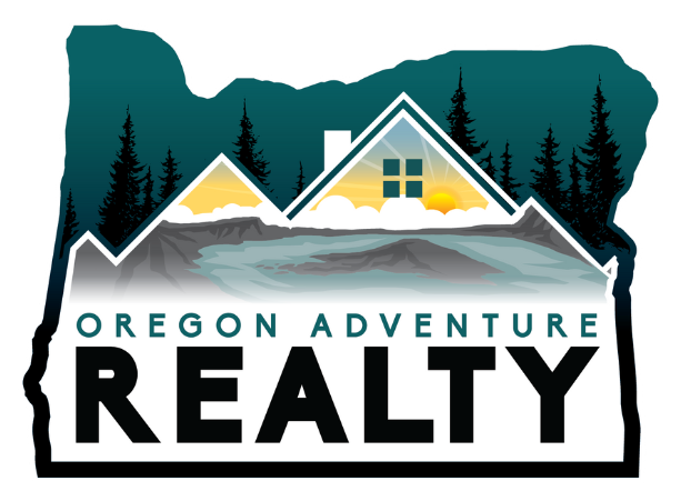 An oregon adventure realty logo with a house on top of a mountain