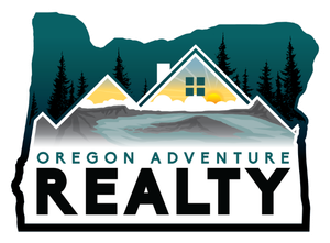 An oregon adventure realty logo with a house on top of a mountain