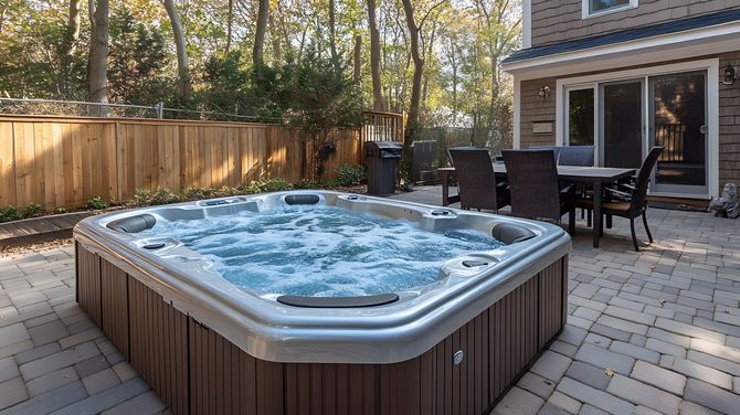 Hot tub bubbling on a patio beside a house, with outdoor table and chairs in a fenced backyard.