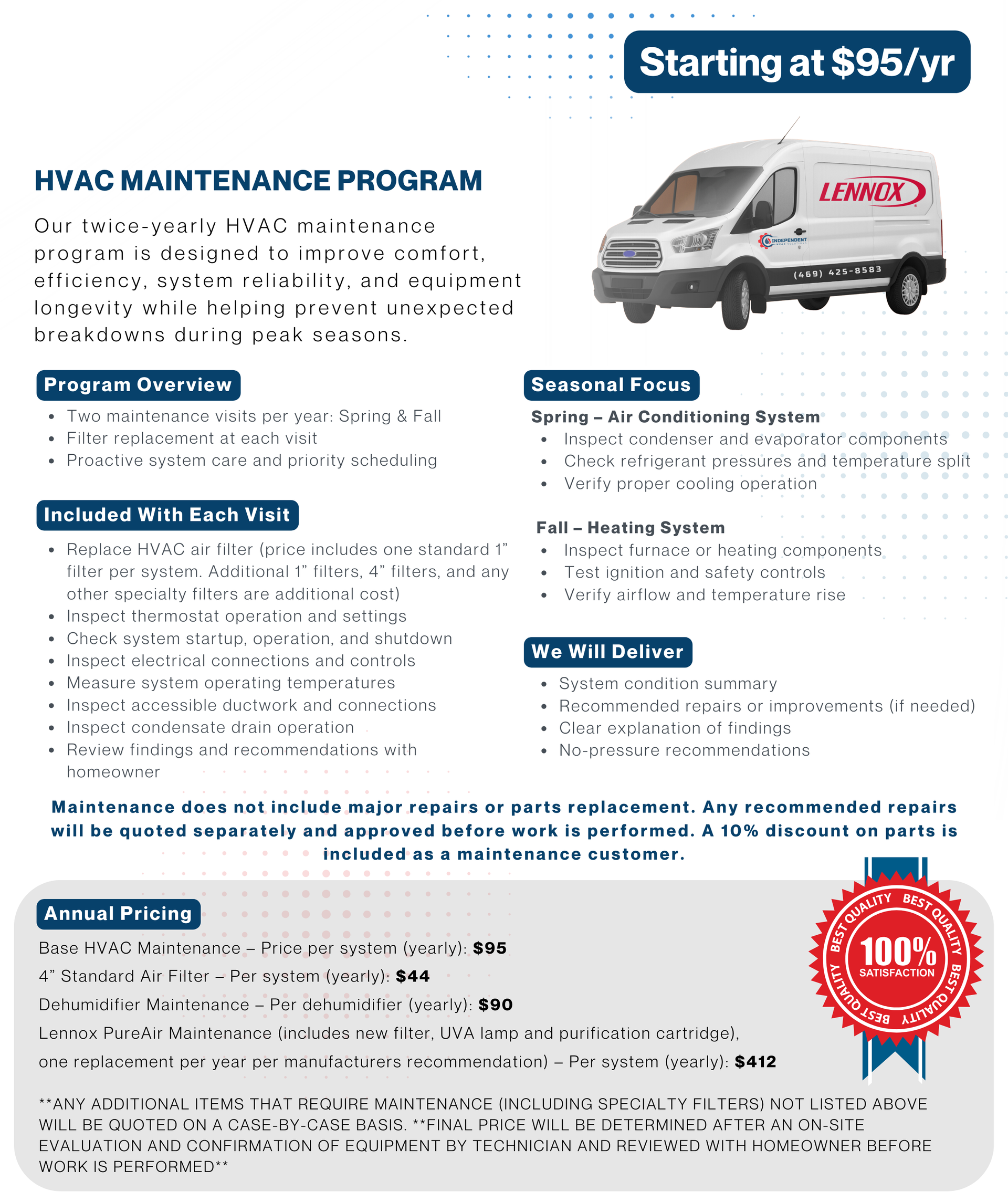 HVAC maintenance program flyer with van. Includes program overview, benefits, and pricing.