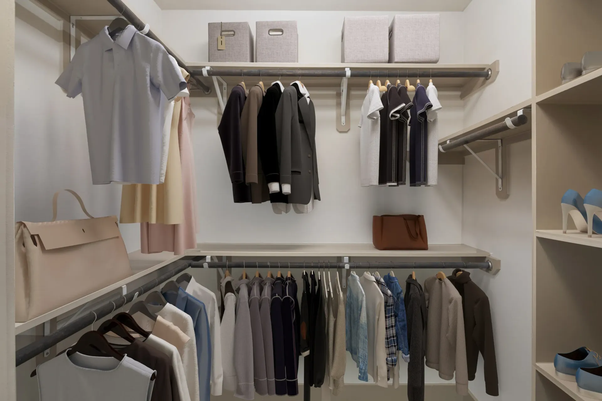 A well-organized closet with various clothing items and storage boxes