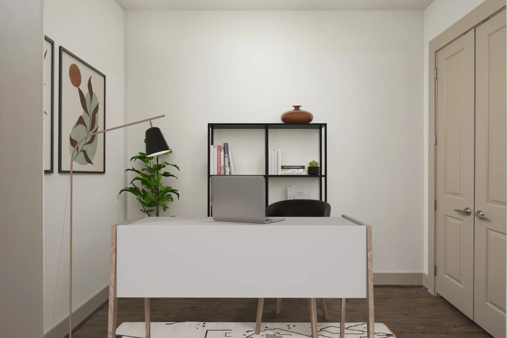 Modern home office setup with desk, plant, and shelf