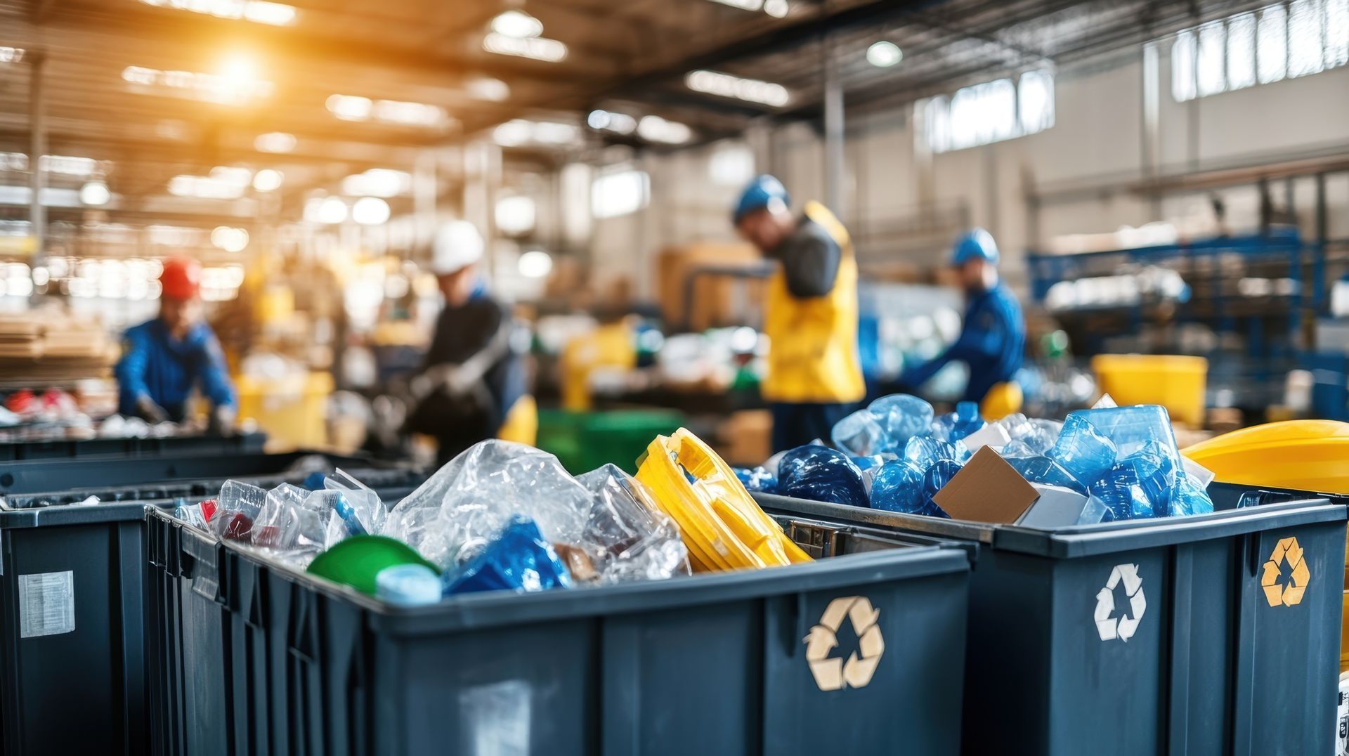 Recycling plant. Containers of sorted plastic with workers in the background.