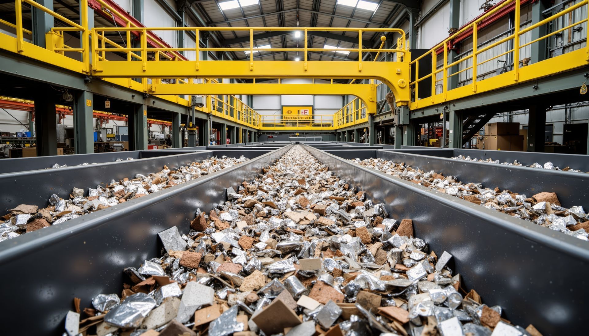 Conveyor belts filled with shredded waste in a recycling facility, under yellow overhead structure.