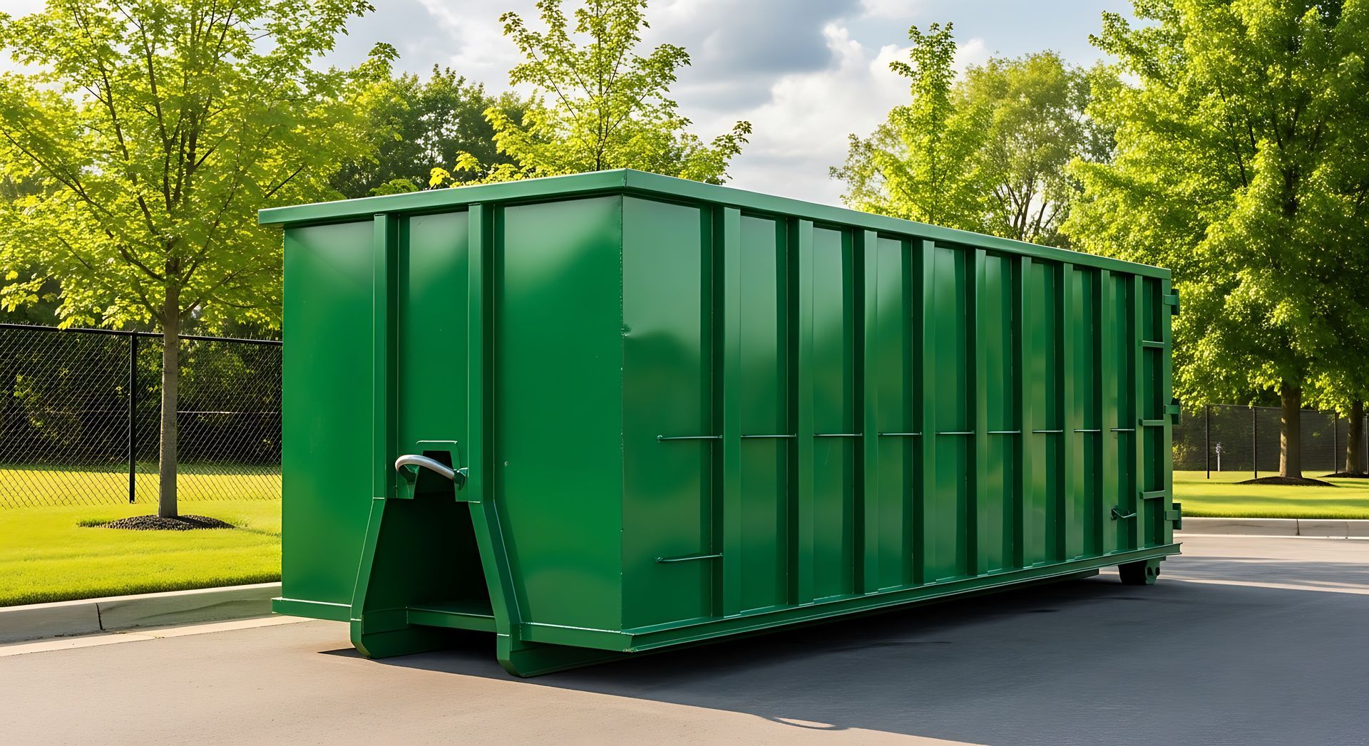 Green garbage truck on a residential street, with caution sign on the back.