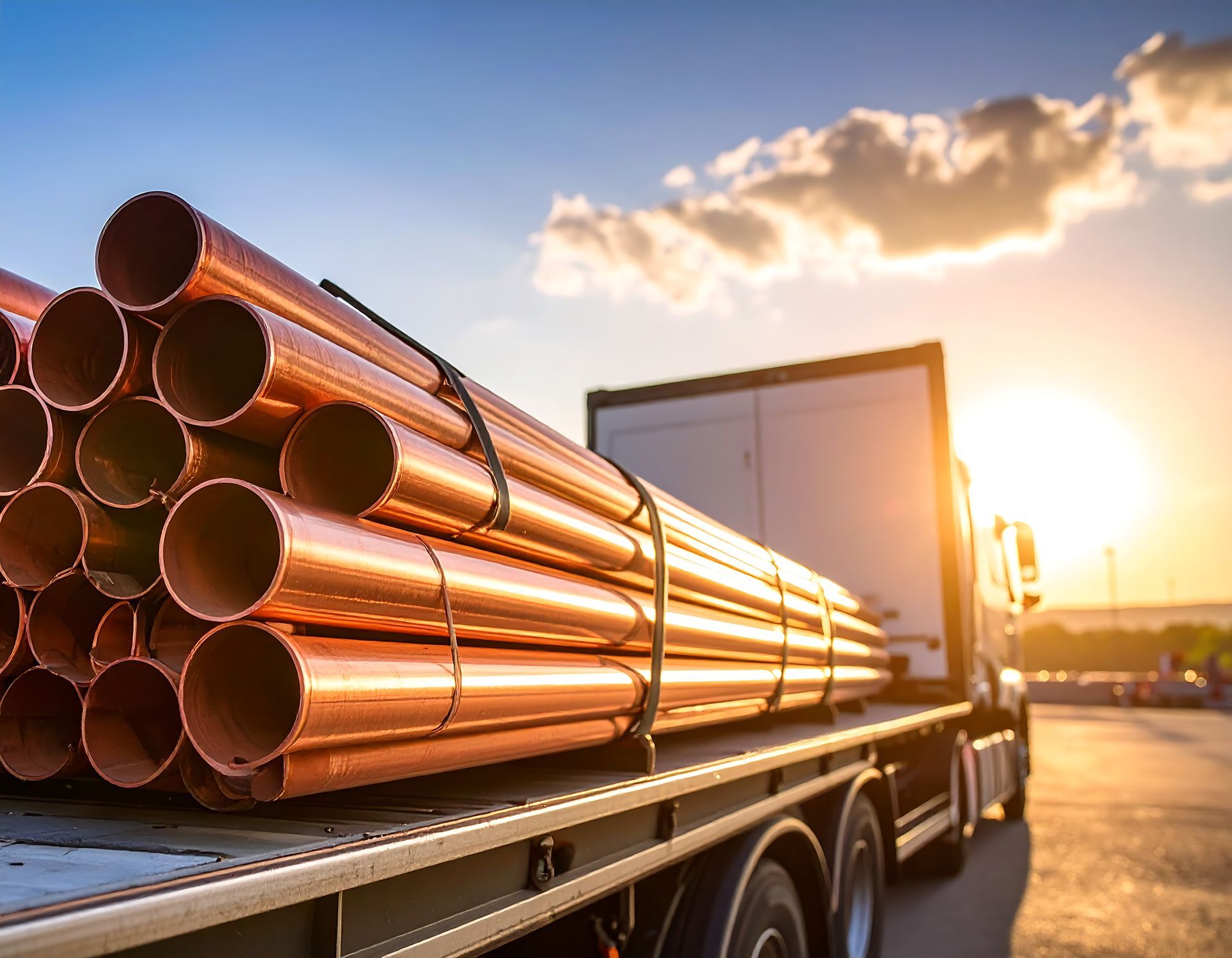 Truck bed loaded with shiny copper pipes, outdoors with a sunset.