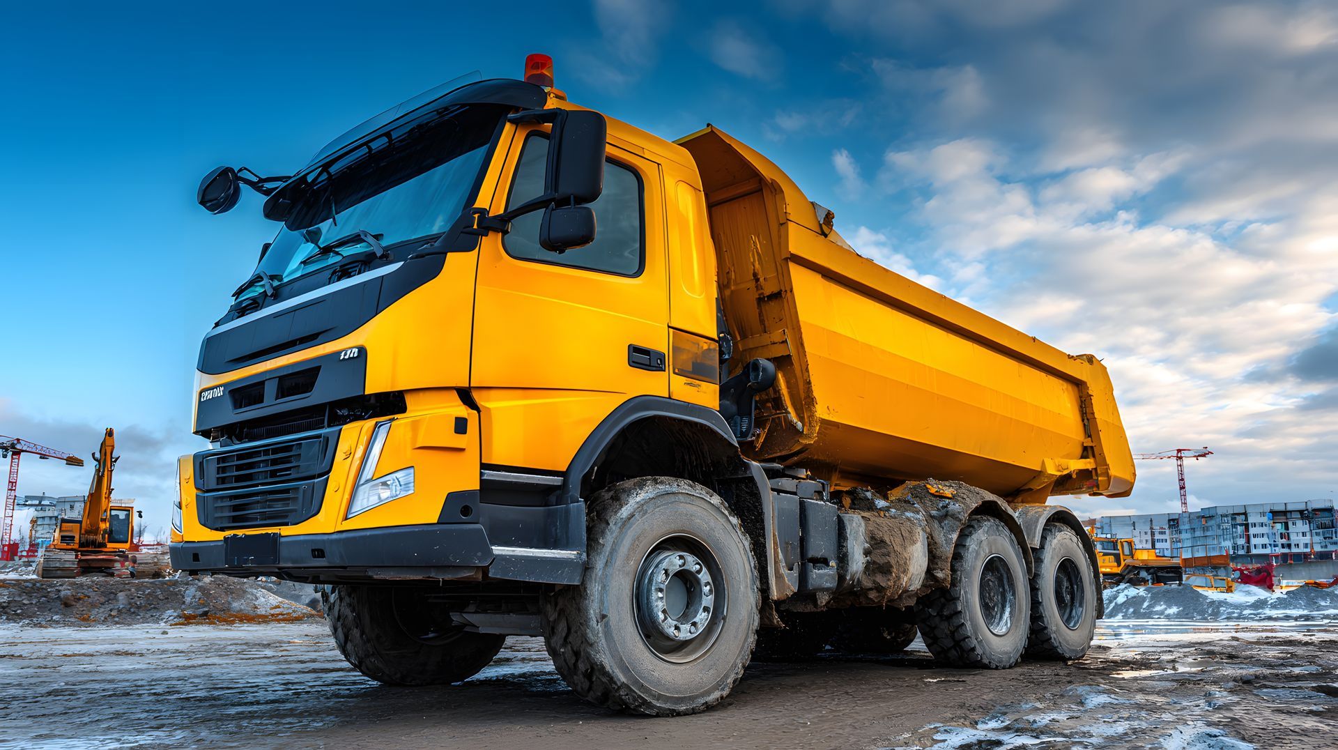 Yellow dump truck on a construction site with a blue sky.