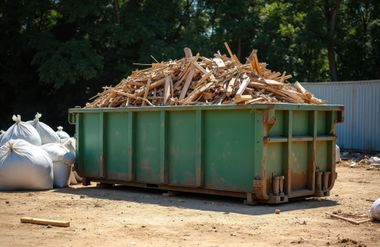 Green dumpster overflowing with wood debris, next to white bags. Outdoors. Green dumpster overflowing with wood debris, next to white bags. Outdoors.