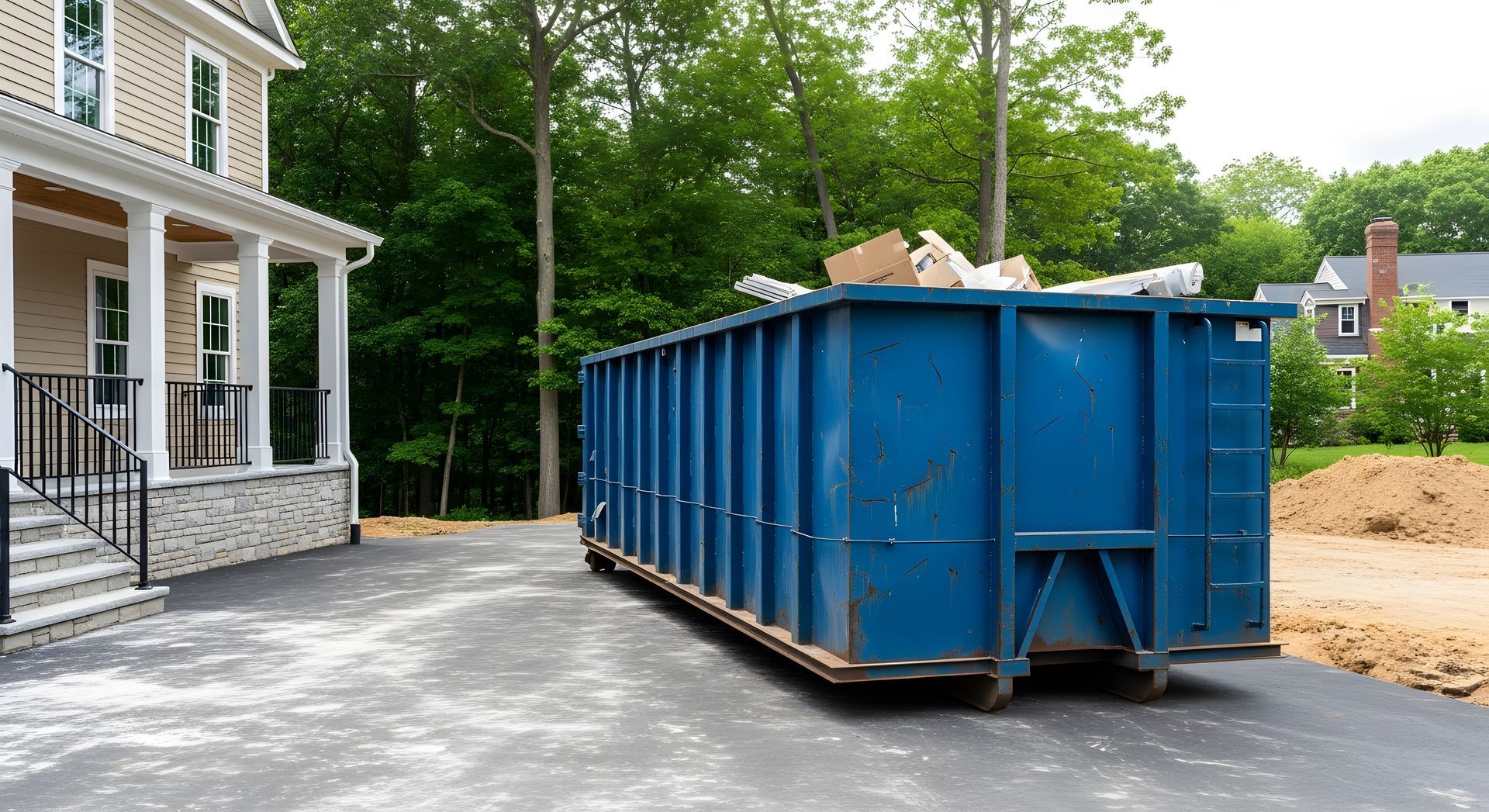 A blue trash dumpster rental sits on a home driveway, full of debris from a project.