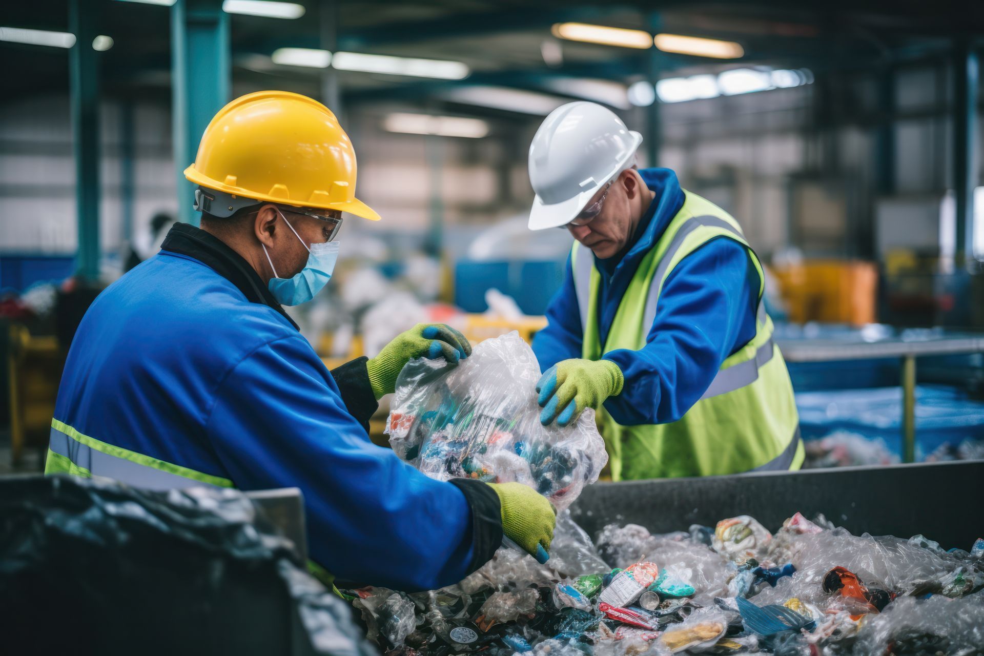 Two workers sorting plastic at a recycling facility. One wears a mask, hard hat, and gloves.