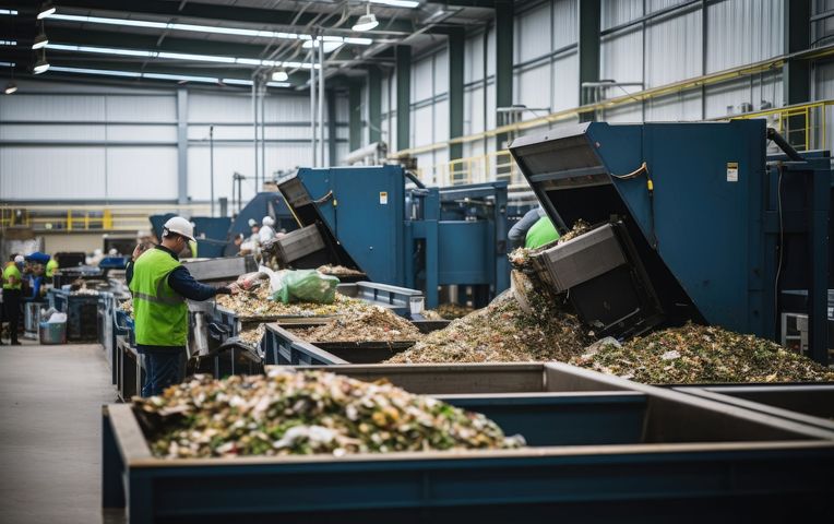 Workers sorting waste materials at a recycling facility. Workers sorting waste materials at a recycling facility.