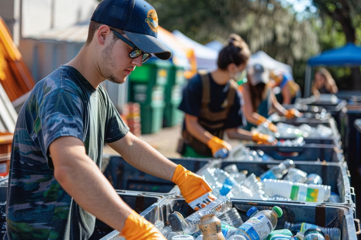 People sorting plastic bottles at an outdoor recycling event, wearing gloves and casual clothing. People sorting plastic bottles at an outdoor recycling event, wearing gloves and casual clothing.