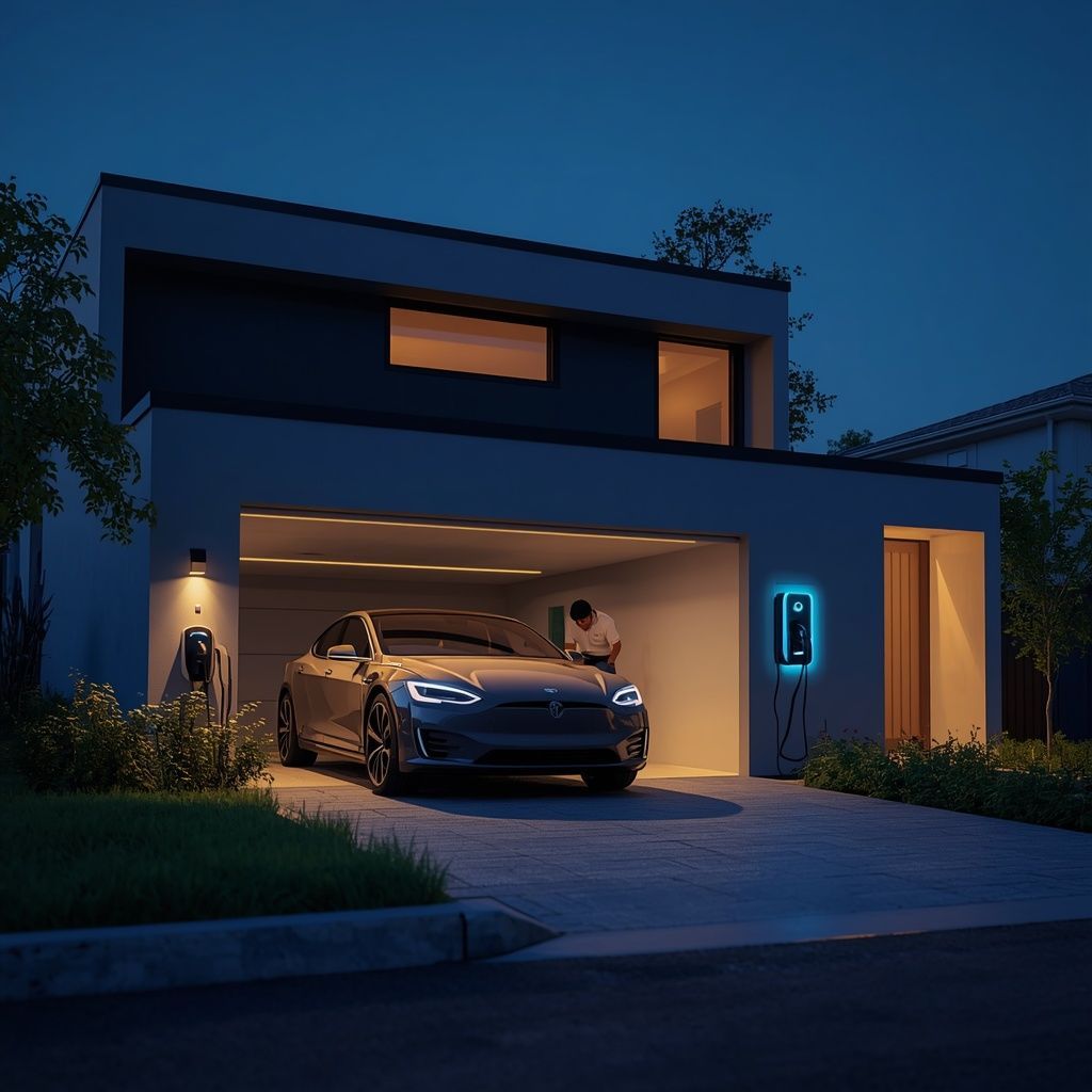 Modern home with an electric vehicle charging in a residential garage using a Level 2 EV charger