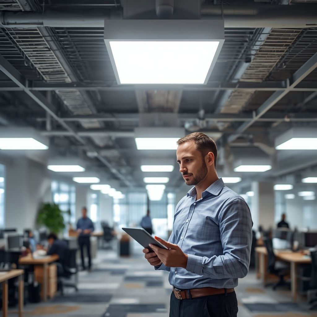 Commercial office building with energy-efficient LED lighting retrofit installation designed to reduce utility bills, improve workplace illumination, and increase energy savings.