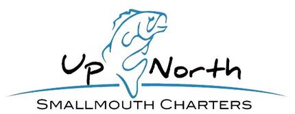 The logo for up north smallmouth charters has a fish on it.
