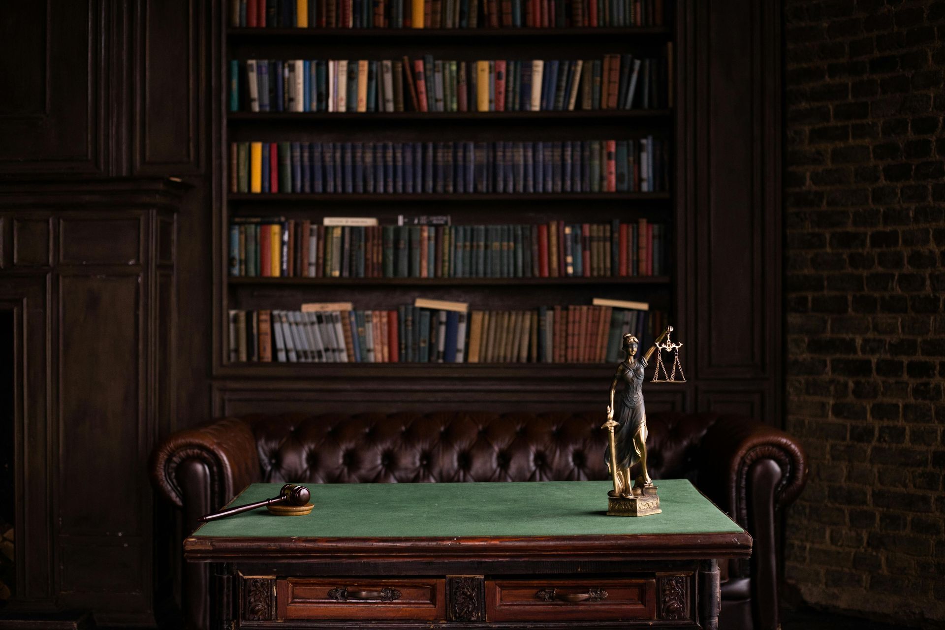 Law office: Dark wood desk, tufted leather sofa, books, scales of justice statue, and gavel.