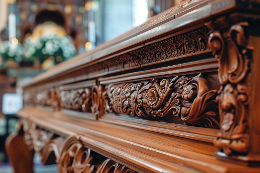 Intricately carved wooden casket prepared for a service, highlighting craftsmanship for funeral and cremations in Renovo, PA.