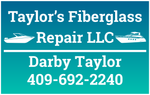 A blue and white sign for taylor 's fiberglass repair llc