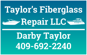 A blue and white sign for taylor 's fiberglass repair llc