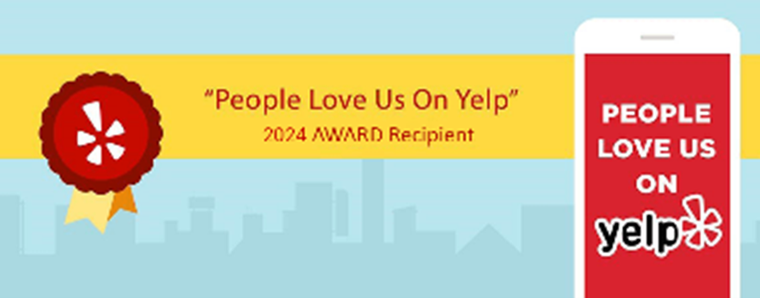 Yelp award banner with a red badge and phone. Text: "People Love Us on Yelp" 2024.