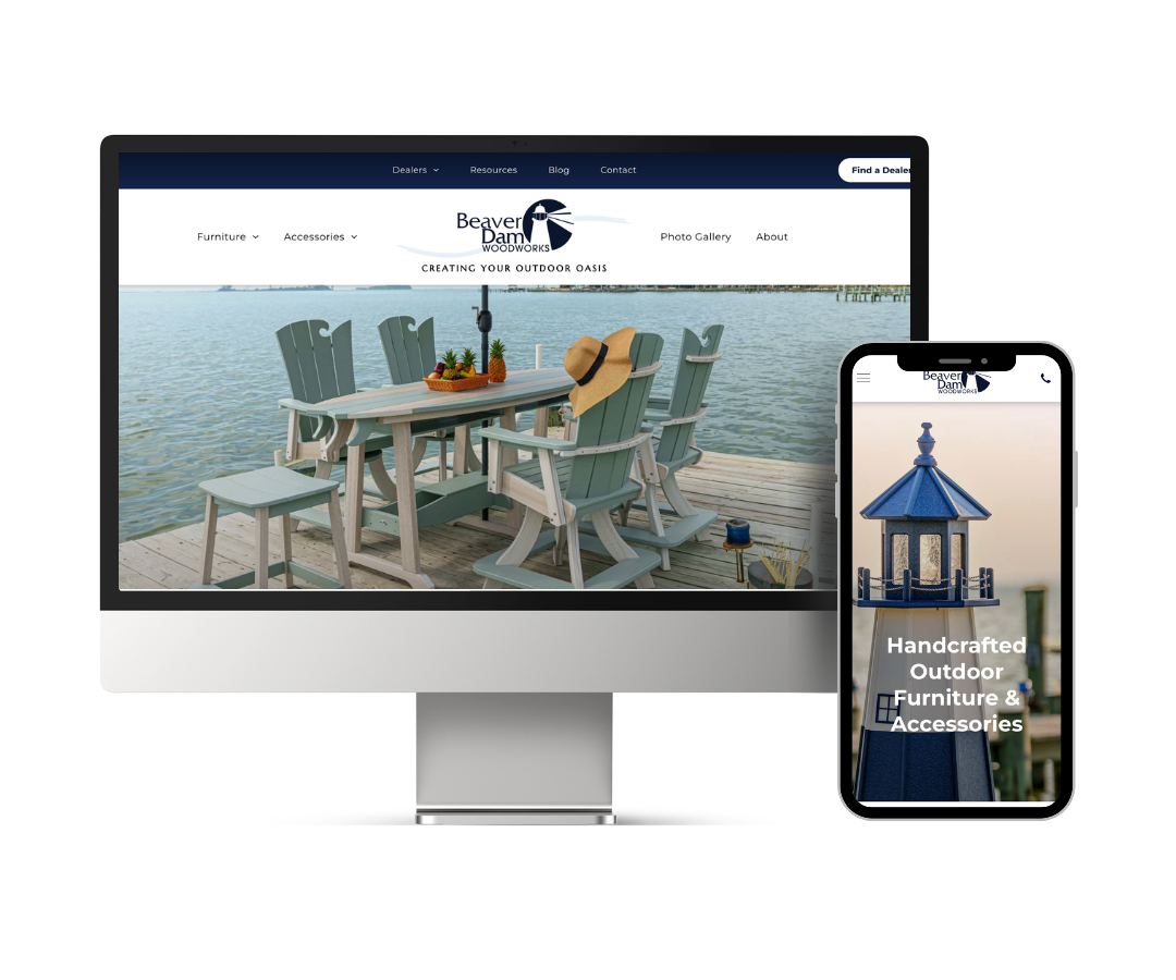 A computer and a cell phone are displaying a website for a company selling patio furniture.