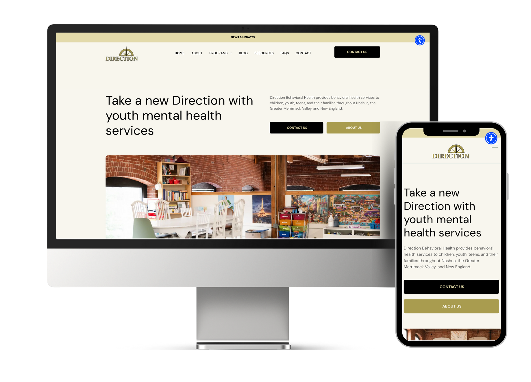 A computer monitor and a cell phone displaying a website for youth mental health services.