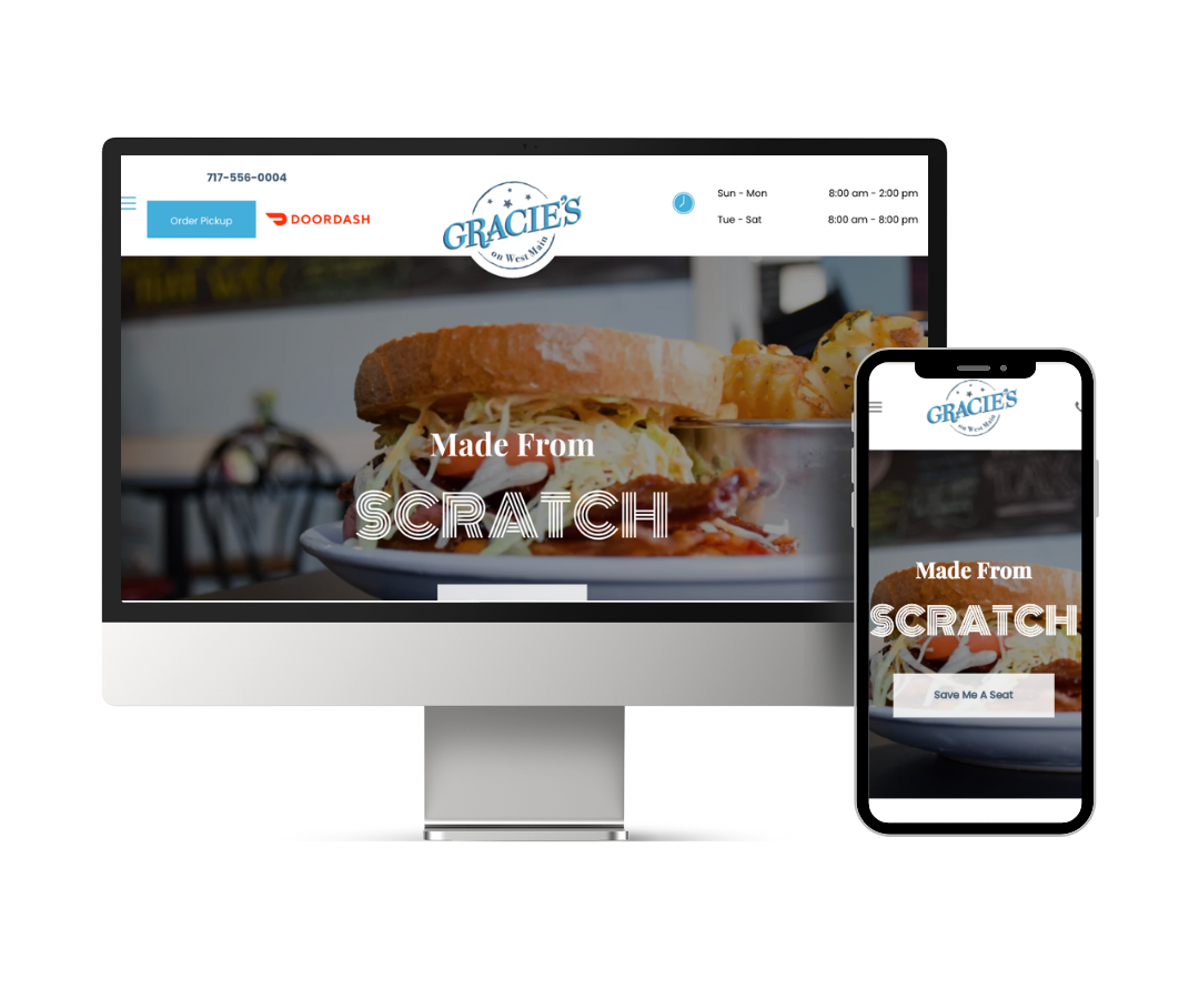 A computer and a cell phone are displaying a website for a restaurant.