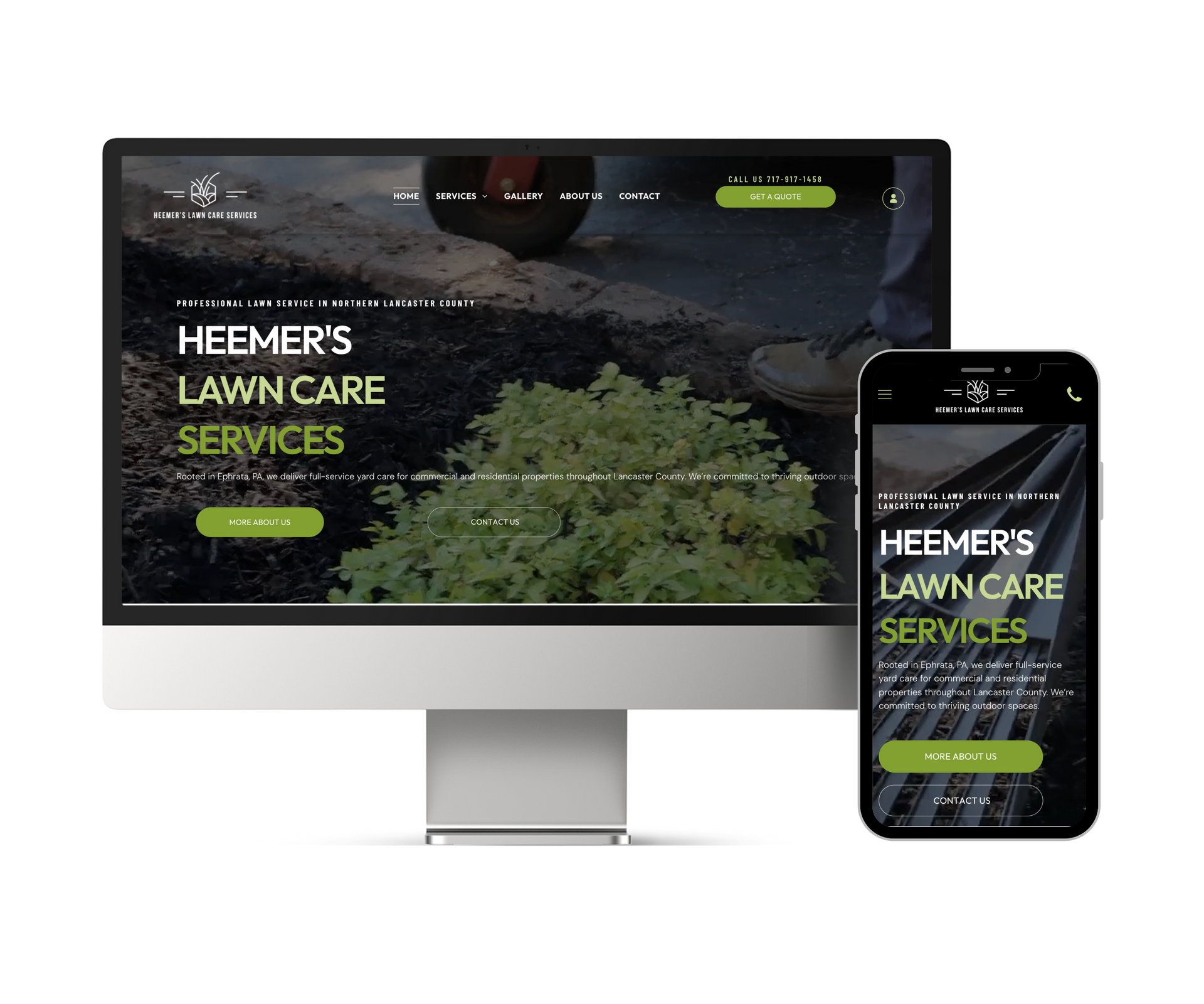 A computer and a cell phone are displaying a website for heemer 's lawn care services.