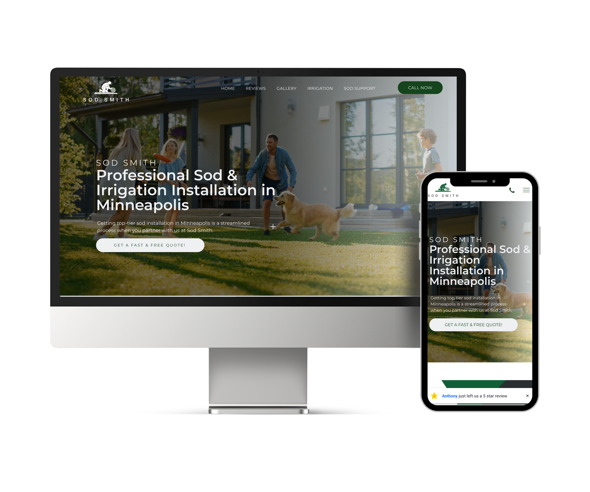 A computer and a cell phone are displaying a website for professional sod and Irrigation installation in Minneapolis.