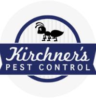 A logo for kirchner 's pest control with an ant on it.