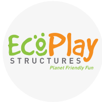 The logo for ecoplay structures is green and orange and says planet friendly fun.