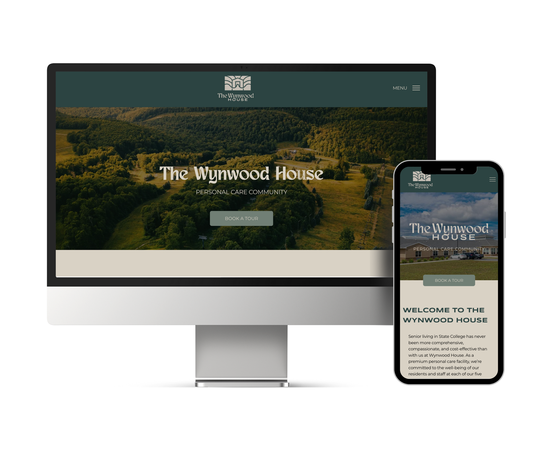 A computer and a cell phone are displaying the wynwood house website.