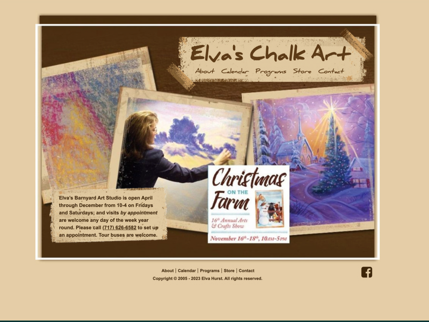A website for elva 's chalk art shows a woman painting a christmas scene